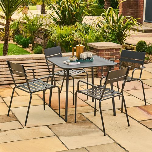Oslo Garden Square Dining Set - 4 Seater - 80cm - Grey Metal - 4 Stacking Dining Armchair