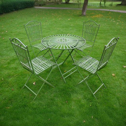 Garden Table - Antique Green Metal - Round - with 4 Chairs