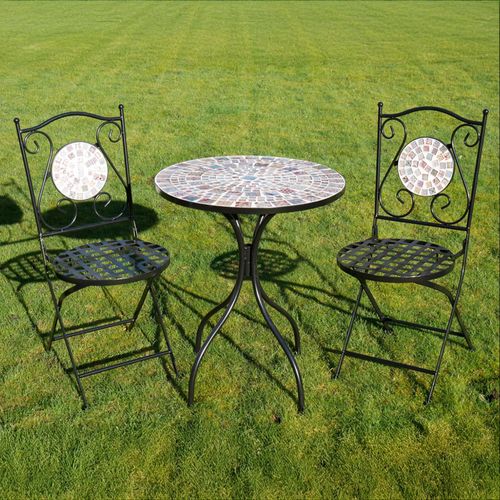 Garden Table - Mosaic - Black Metal - Round - with 2 Chairs