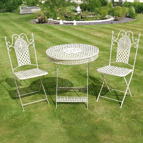 Garden Table - White Metal - Round - with 2 Chairs