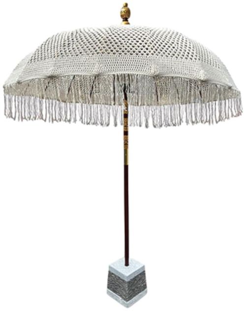 Bali Sun Parasol - White Macrame - with Terrazzo & Slate Base