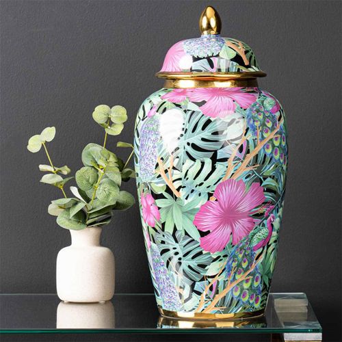 Ginger Jar - Green and Pink Palm Leaves - Ceramic