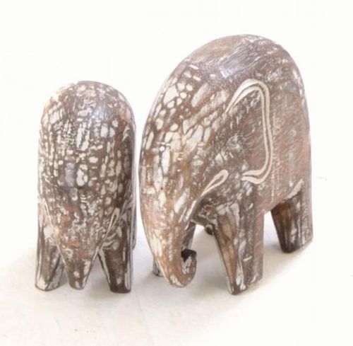 Set of 2 Carved Wooden Elephants
