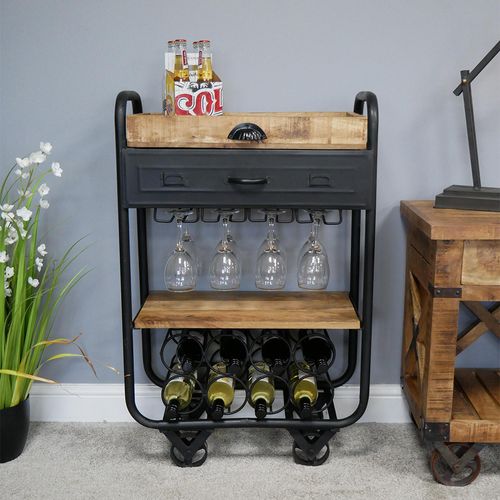 Wine Trolley - Black Metal - 1 Drawer
