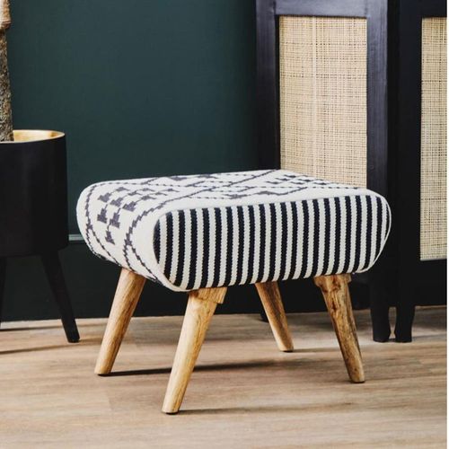 Cefena Footstool - White and Black Fabric - Berber Style