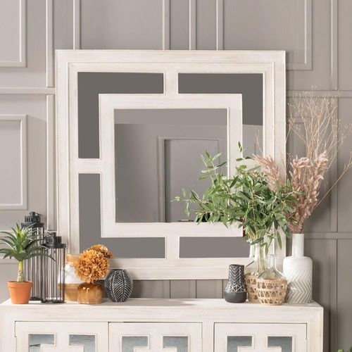 Clearance - Geo White Washed Wall Mirror, Solid Mango Wood Square - 120cm x 120cm - Brand New Item