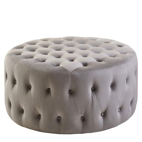 Haley Footstool - Tufted - Round - Grey Velvet Fabric