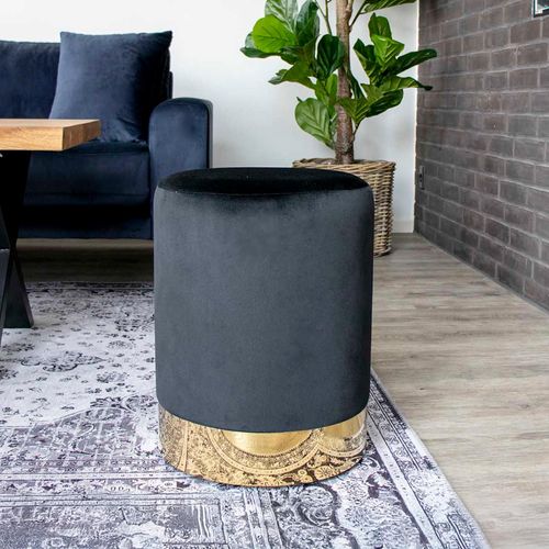 Hampton Pouf - Black Velvet Fabric - Round