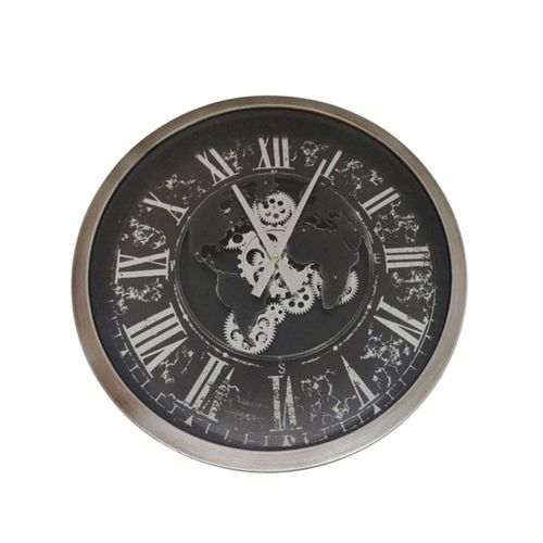 Wall Clock - Round - Industrial Silver and Black Gears