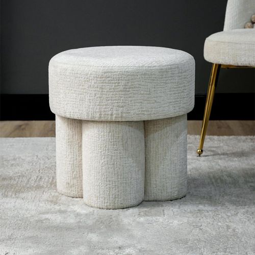 Footstool - Round - Ivory Chenille Fabric