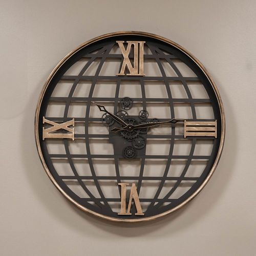 Open Globe Wall Clock - Black Metal - Cogs - Round