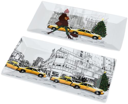 Christmas in NYC 2 Platter - White and Yellow - Bone China - Set of 4