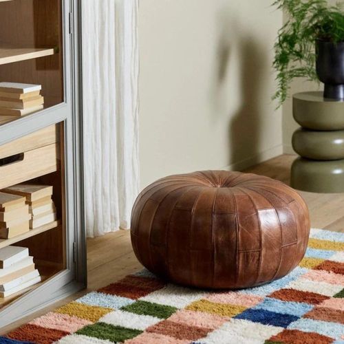 Rugby Antique Brown Leather Pouffe