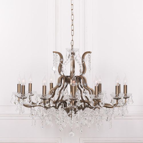 French Style Shallow Cut Glass Chandelier - Antique Gold - 12 Branch