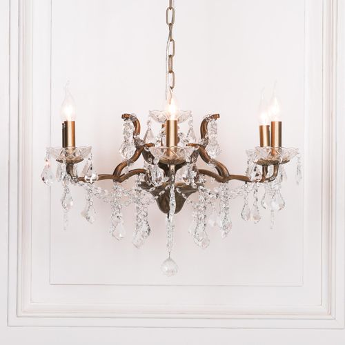 French Style Shallow Cut Glass Chandelier - Antique Gold - 6 Branch