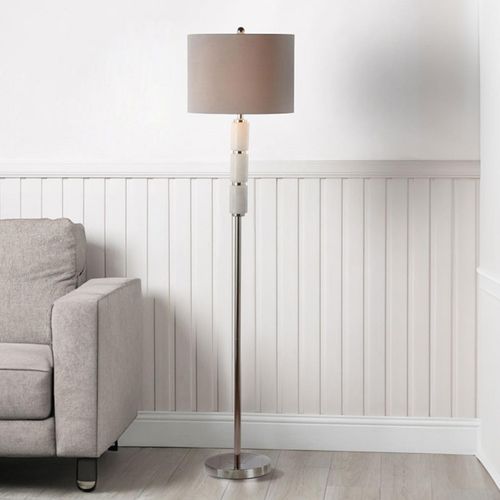 Floor Lamp - Grey Faux Silk and White Marble