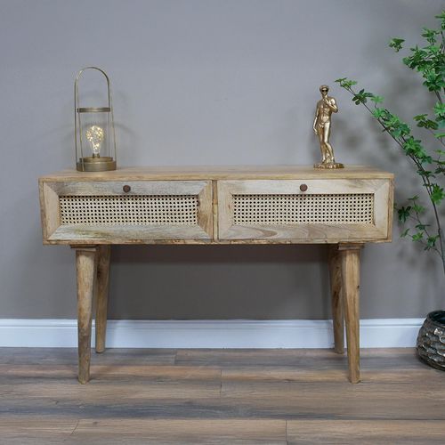 Dutch Acacia Wood and Rattan 2 Drawer Desk