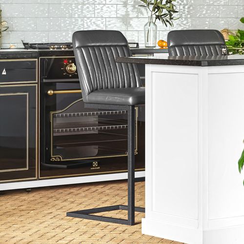 Vintage Barstools - Set of 2 - Grey Faux Leather - Cantilever Base