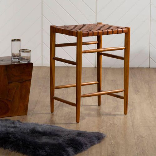 Kendari Barstool - Brown Leather with Teak Wood