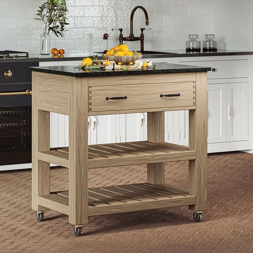 Oak 2 Drawer Kitchen Island with Black Granite Top