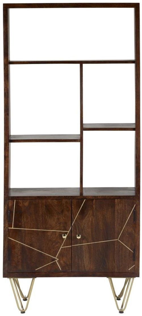 Kaza Dark Mango Wood Bookcase - Hairpin Legs with Gold Geometric Inlay