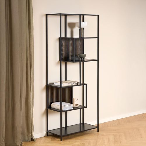Seaford Shelving Unit - Tall - Slatted - Black Melamine and Metal