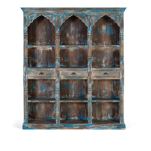 Sondrio Shelving Unit - Antique Blue - Carved Mango Wood - Large