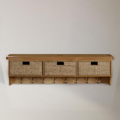 Janelle Wall Shelf - with Hooks and Baskets - Rustic Oak