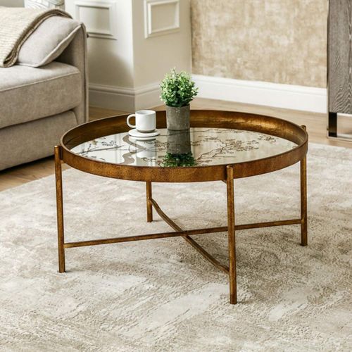 Antique Gold Metal Round Tray Coffee Table