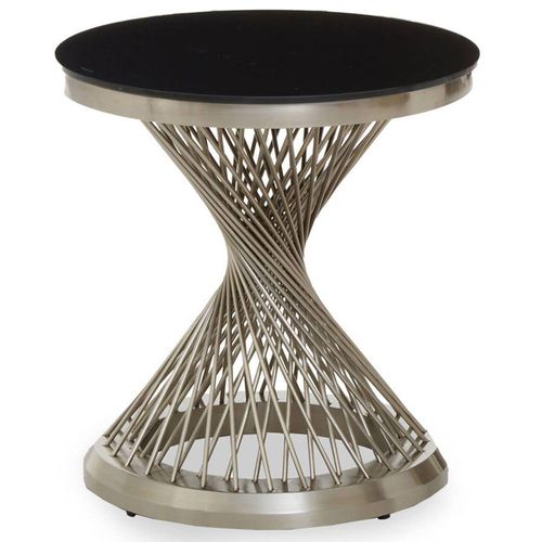 Anzio Black Glass Round Side Table with Chrome Hourglass Base