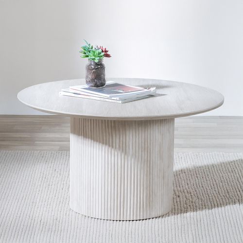 Bern Fluted White Washed Oak Effect Round Coffee Table with Drum Base