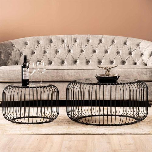 Black Glass and Metal Round Coffee Table - Set of 2