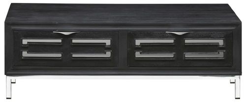 Clearance - Geo Black Painted Mirrored Storage Coffee Table, Solid Mango Wood with Stainless Steel Chrome Base - 2 Drawers - Brand New Item