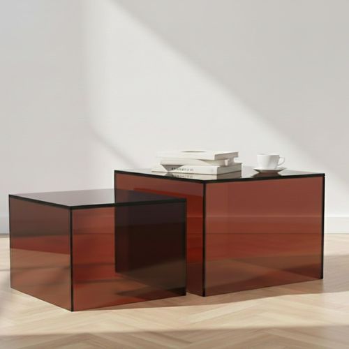 Dice Brown Glass Square Coffee Table - Set of 2