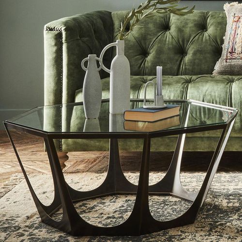 Libra Catalan Glass and Bronze Hexagonal Coffee Table