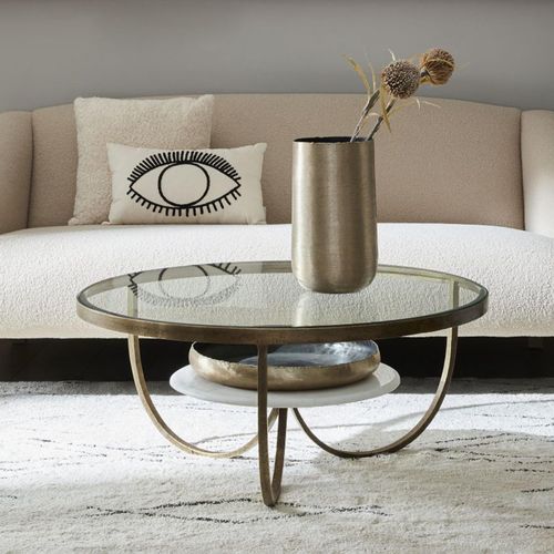 Libra Nolita Glass and White Marble Round Coffee Table