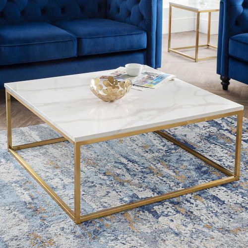 Scala White Marble Effect and Gold 90cm Square Coffee Table