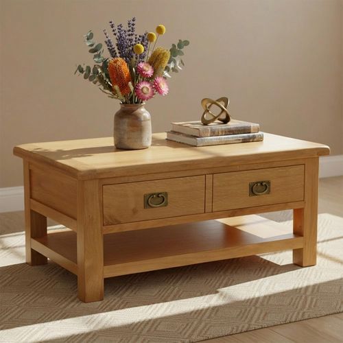 Salisbury Premium Coffee Table - 2 Drawer - with Shelf - Oak