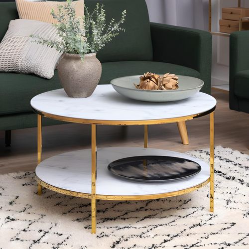 Alisma Coffee Table - Round - White Marble and Gold Metal - with Shelf
