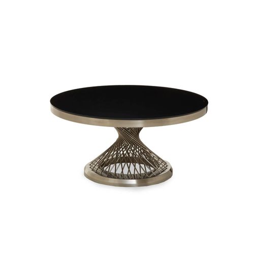 Anzio Coffee Table - Black Glass Round with Geometric Base