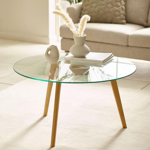 Bryant Coffee Table - 80cm - Round - Clear Glass with Oak Legs