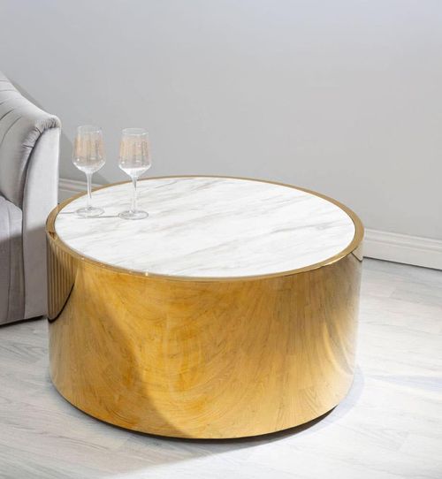 Carlox Coffee Table - Round - White Marble Effect with Gold Metal