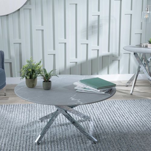Clearance - Chopstick Grey Glass Round Coffee Table with Chrome Metal Legs