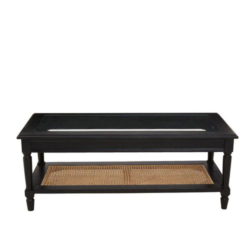 Corso Coffee Table - Clear Glass with Black Wood and Rattan Shelf
