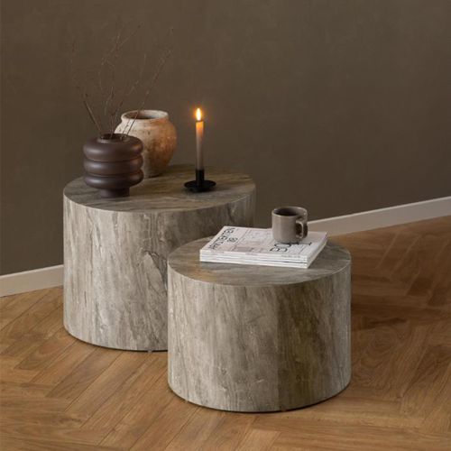 Dice Coffee Table - Round - Grey Marble Effect - Set of 2