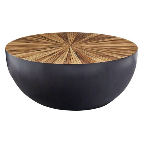 Gabo Coffee Table - Large Round Drum - Parquet Wood with Black Base
