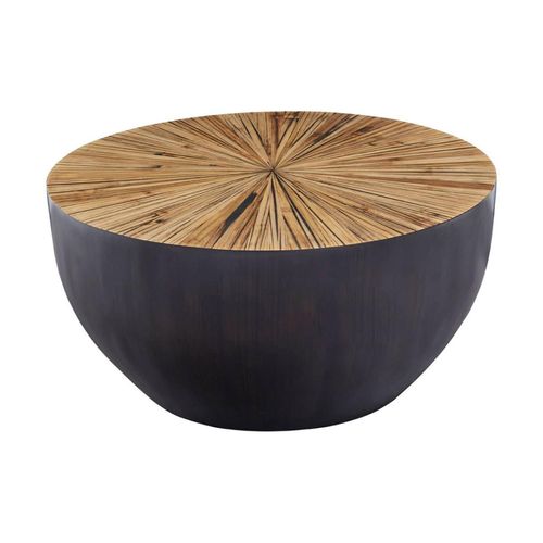 Gabo Coffee Table - Small Round Drum - Parquet Wood with Black Base