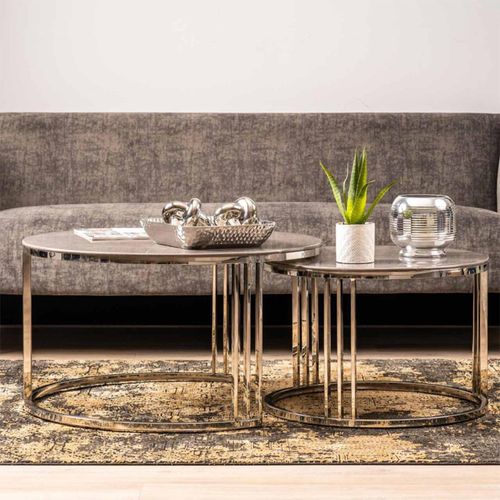 Coffee Table - Round - Grey Glass and Chrome - Set of 2