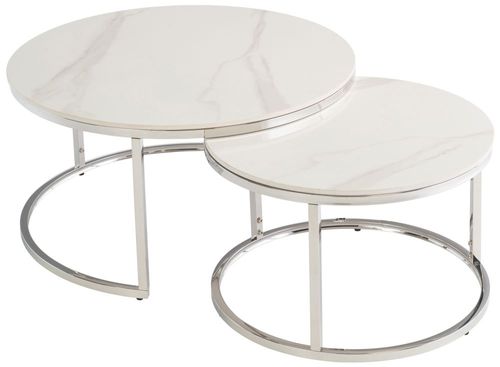 Hanson Italy White Sintered Stone and Chrome Round Coffee Table - Set of 2