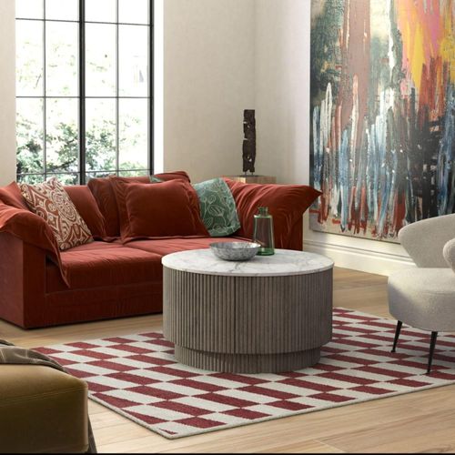 Isabella Grey Coffee Table - Round Fluted - White Marble Top